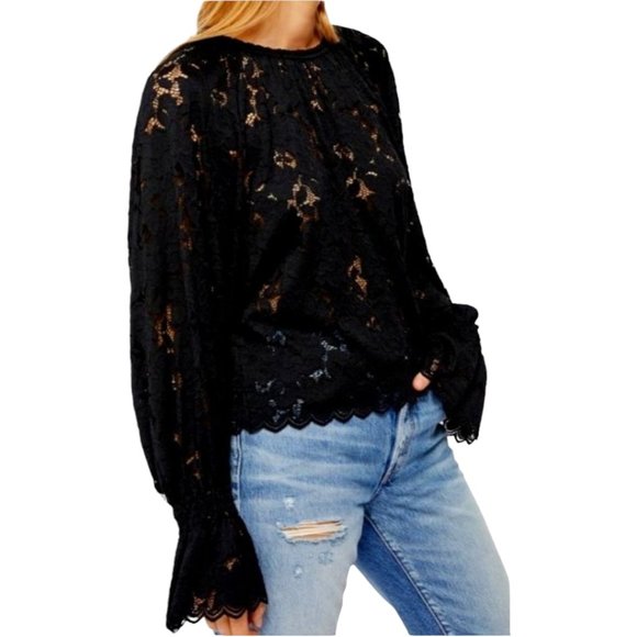 Free People Tops - Free People BLACK Olivia Balloon Sleeve Lace Blouse Size Small